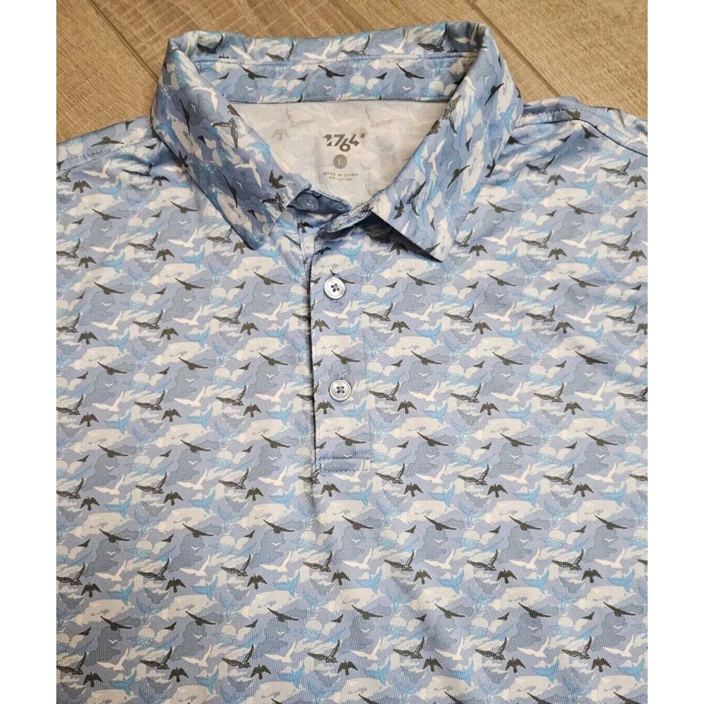 1764 Mens Golf Polo Shirt‎ Size Large Birds Pattern Blue